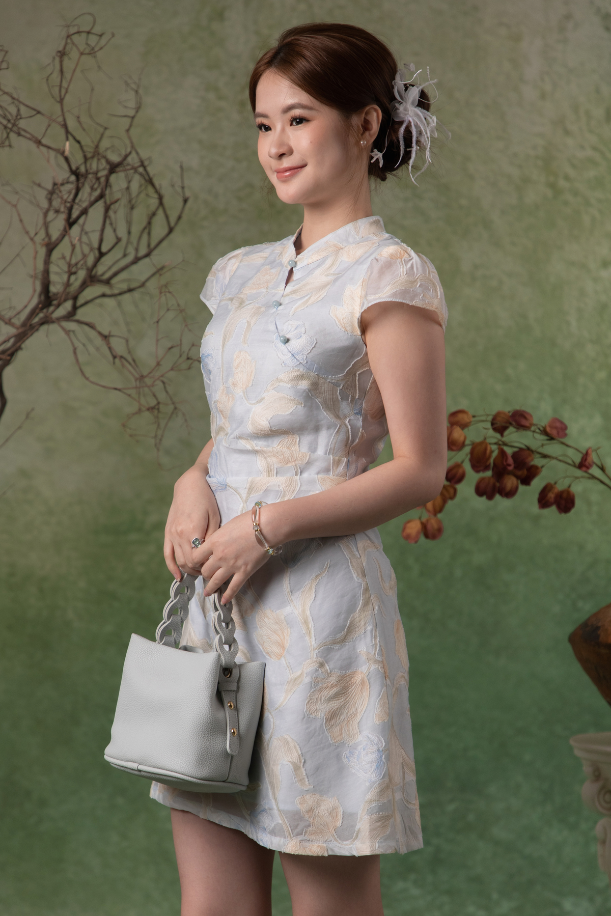 Oriental Garden Cheongsam Dress in Light Blue