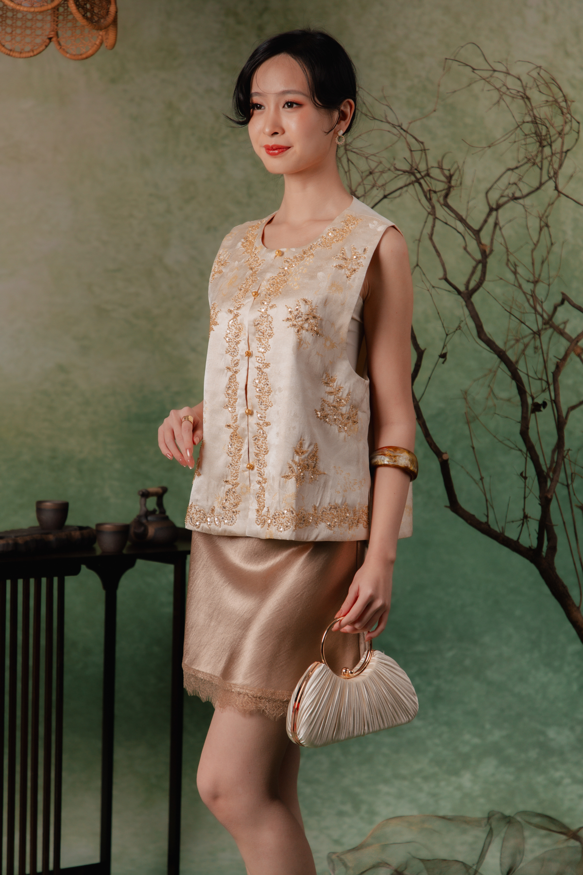Louise Satin Lace Skirt in Brown