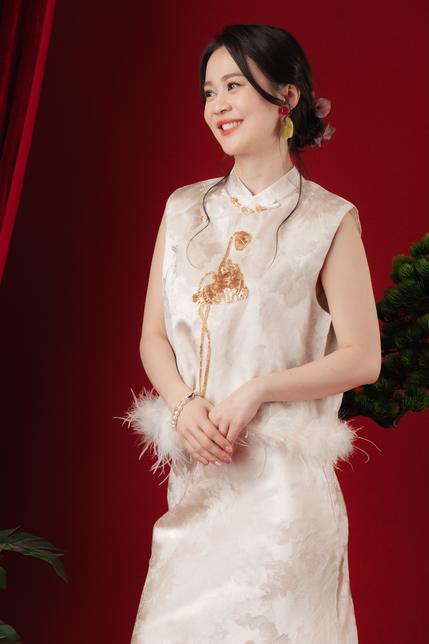 Celeste Feather-Trace Brocade Cheongsam Set
