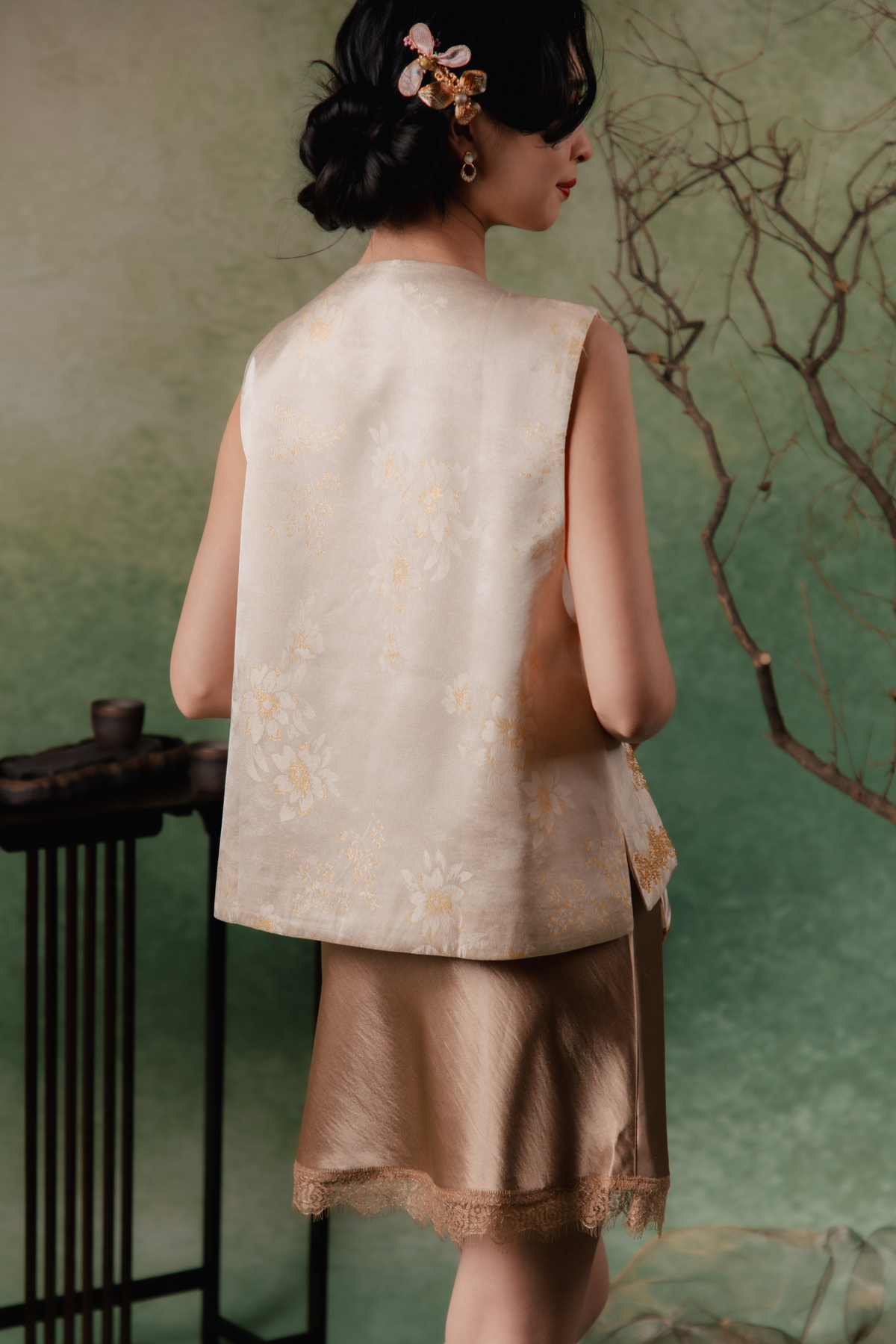 Louise Satin Lace Skirt in Brown