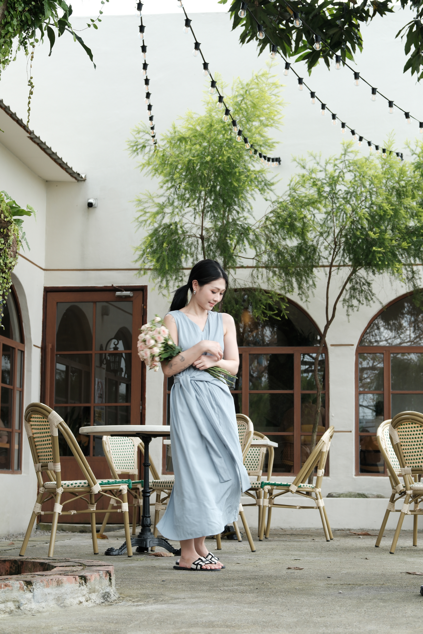 Élise Draped Side-Tie Maxi Dress in Light Blue