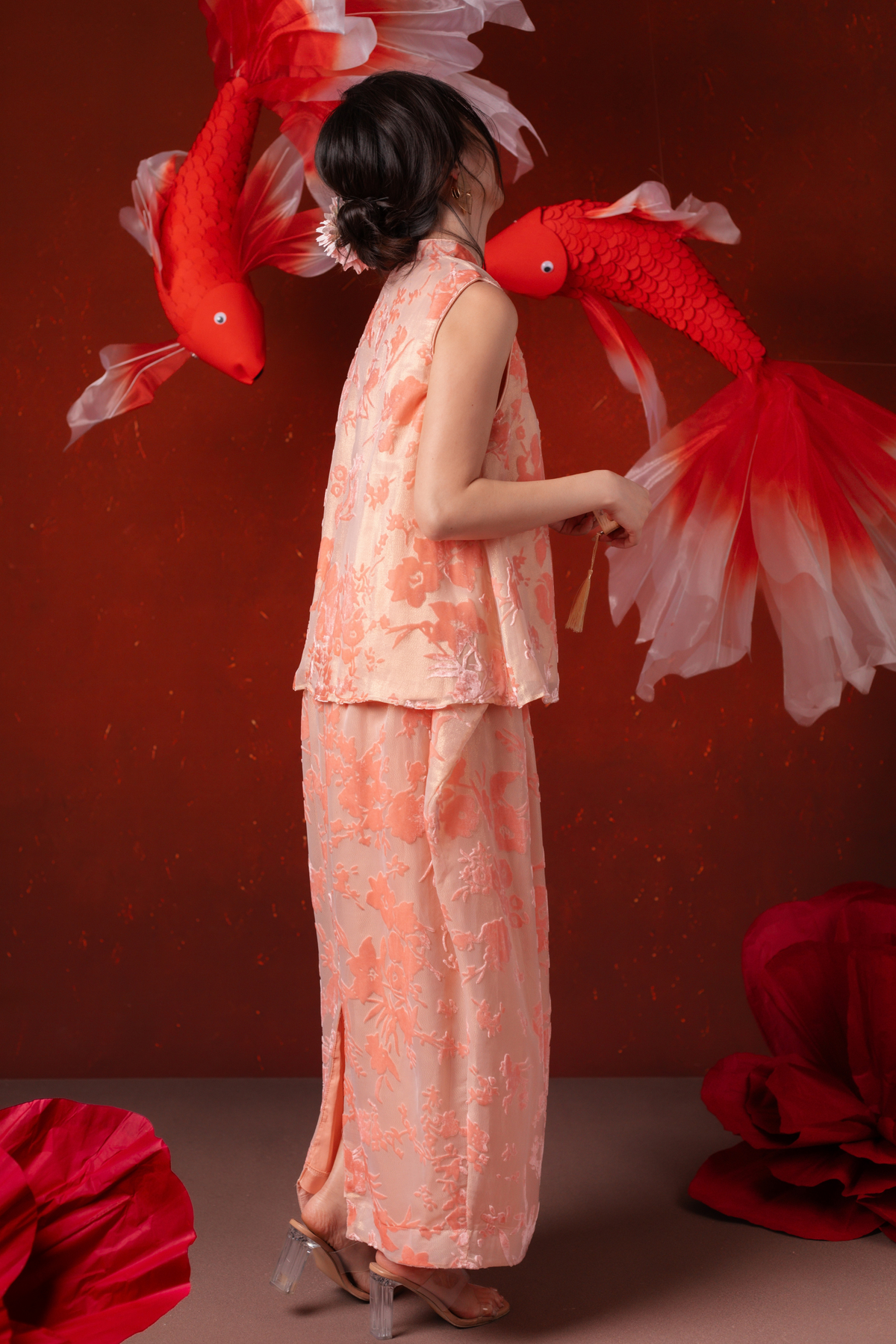 Celia Silver Blossom Cheongsam Top in Blush Pink