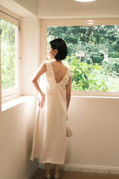 Lumière Ruched Satin Slip Dress in Beige