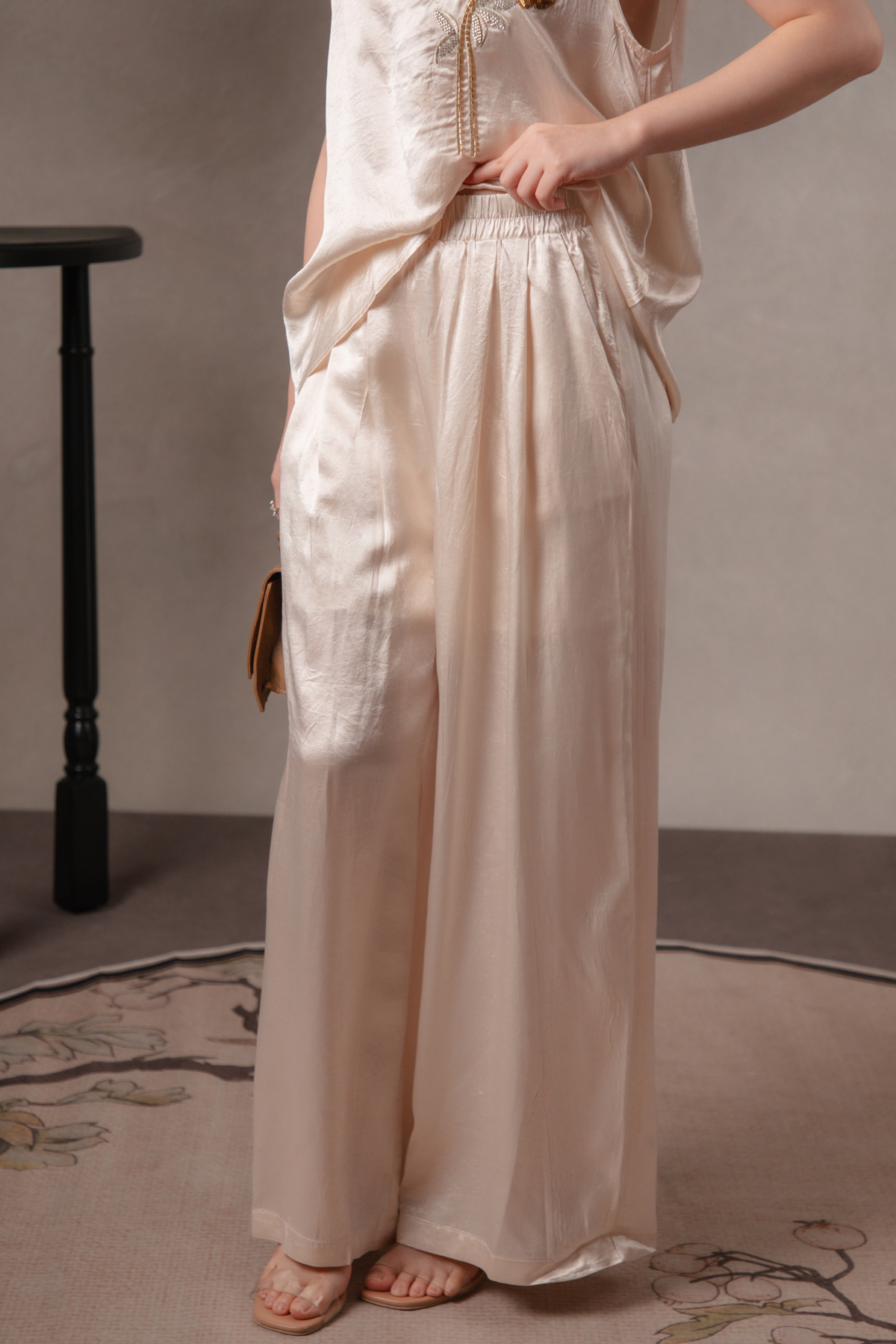 Nora Golden Cheongsam Top & Pants Set in Champagne