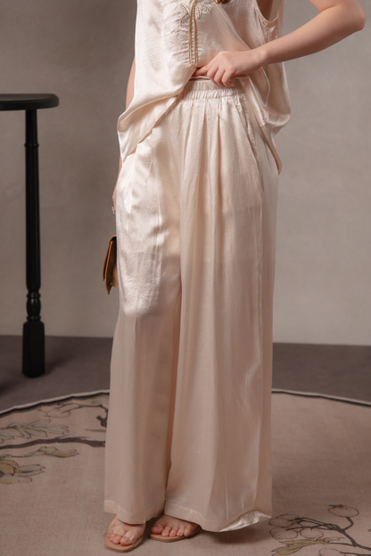 Nora Golden Cheongsam Top & Pants Set in Champagne