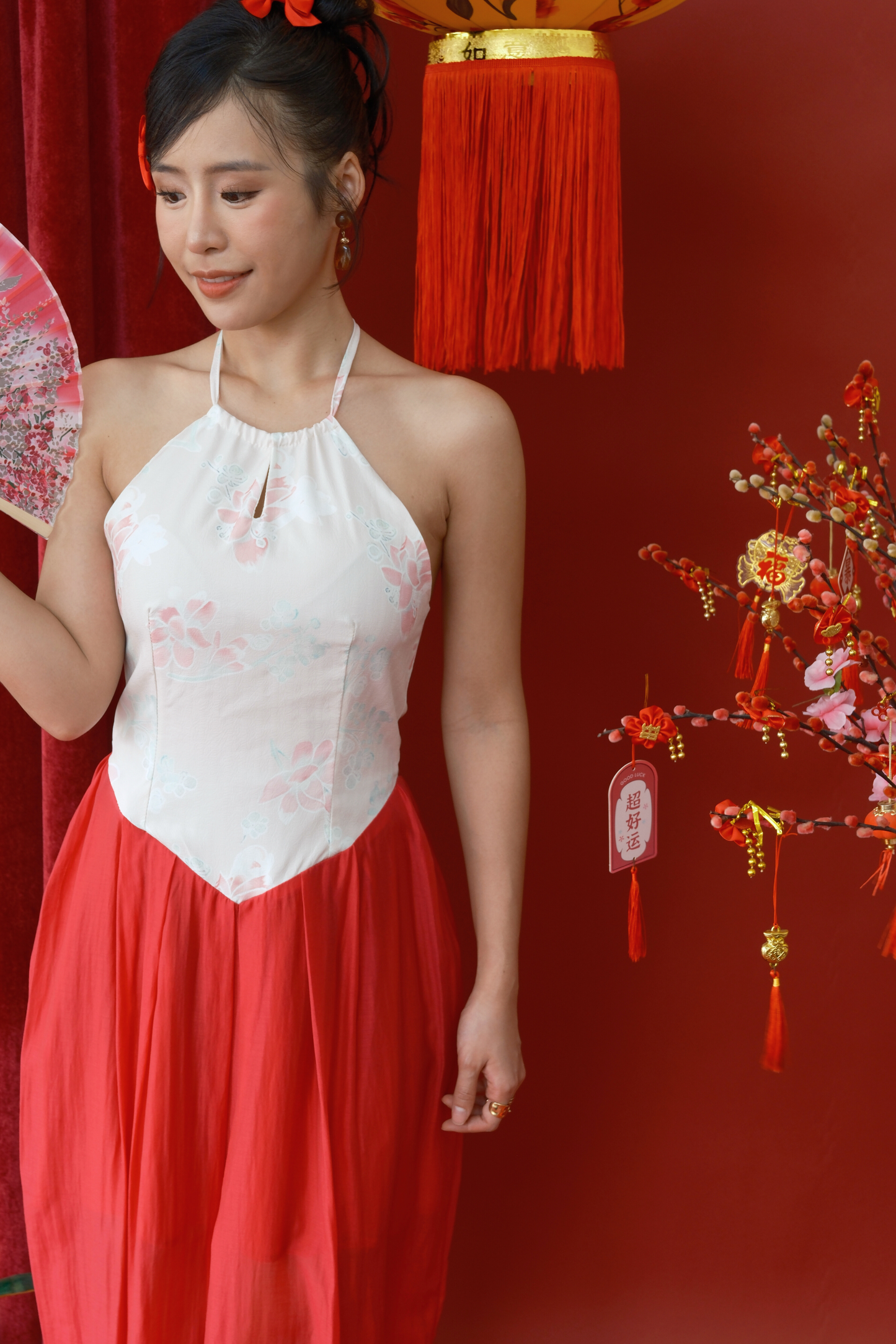 Camellia Veil Halter Cheongsam Gown