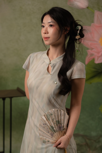 Jade Mist Layered Cheongsam Dress in Sage