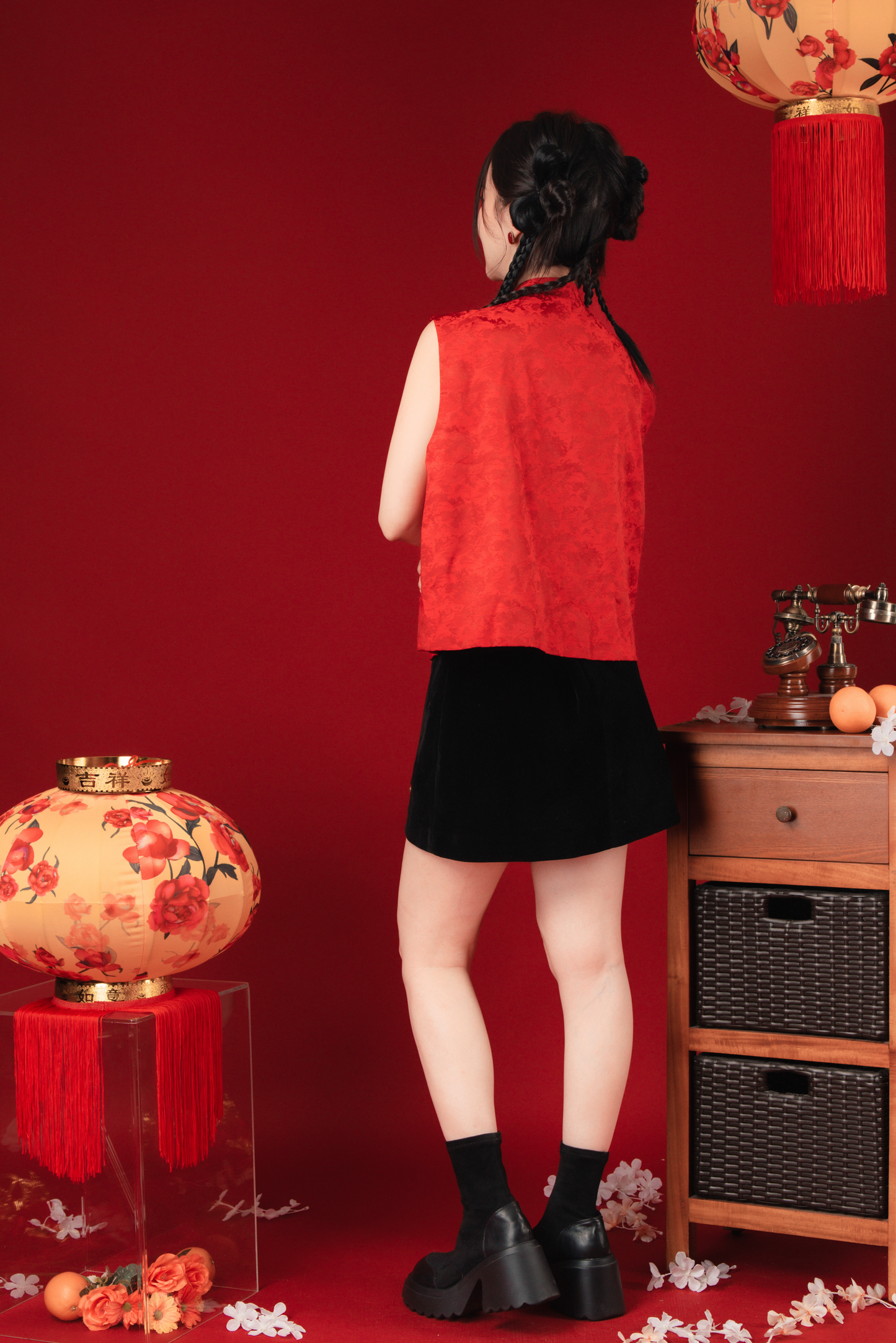 Aria Rouge Knot-Detail Brocade Vest in Red