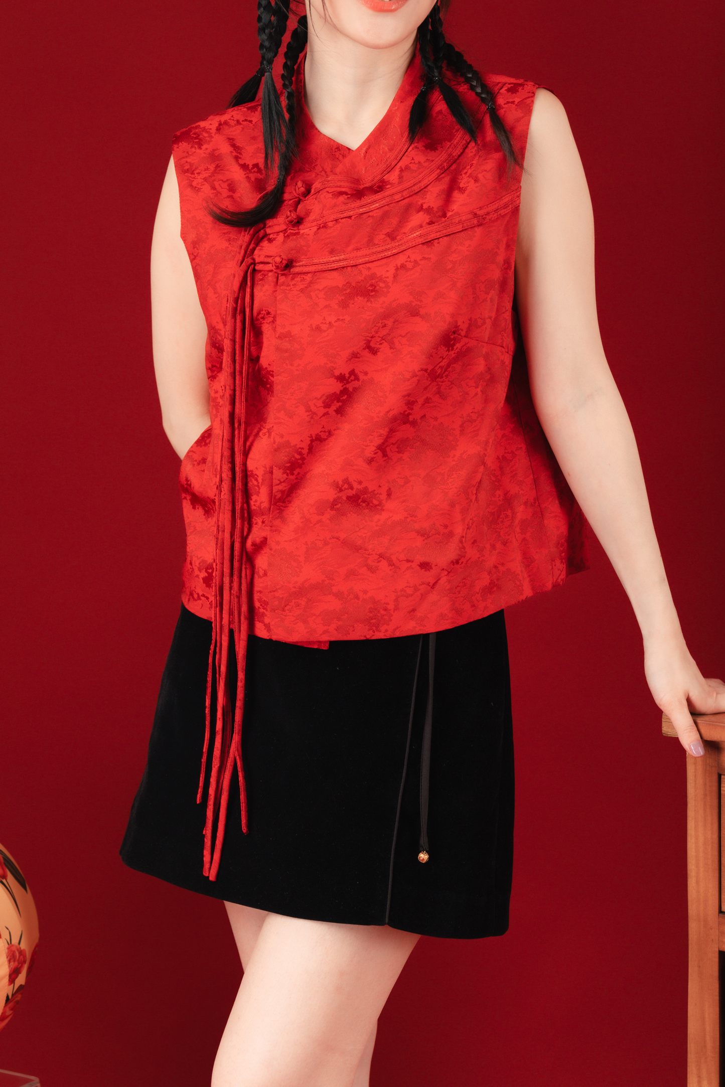Aria Rouge Knot-Detail Brocade Vest in Red