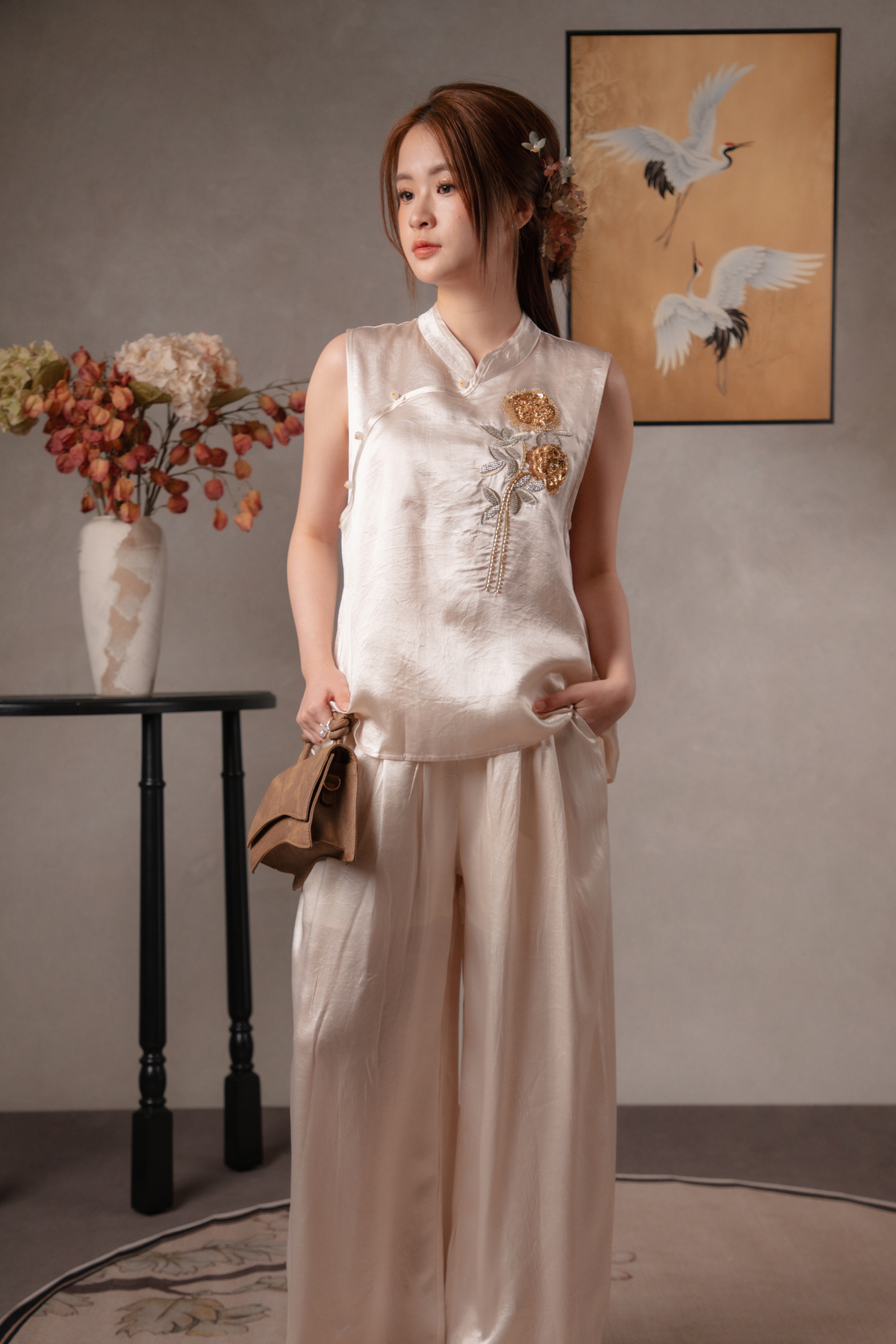 Nora Golden Cheongsam Top & Pants Set in Champagne
