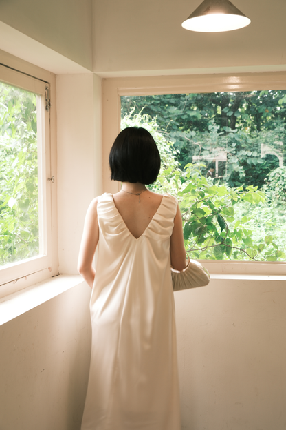 Lumière Ruched Satin Slip Dress in Beige
