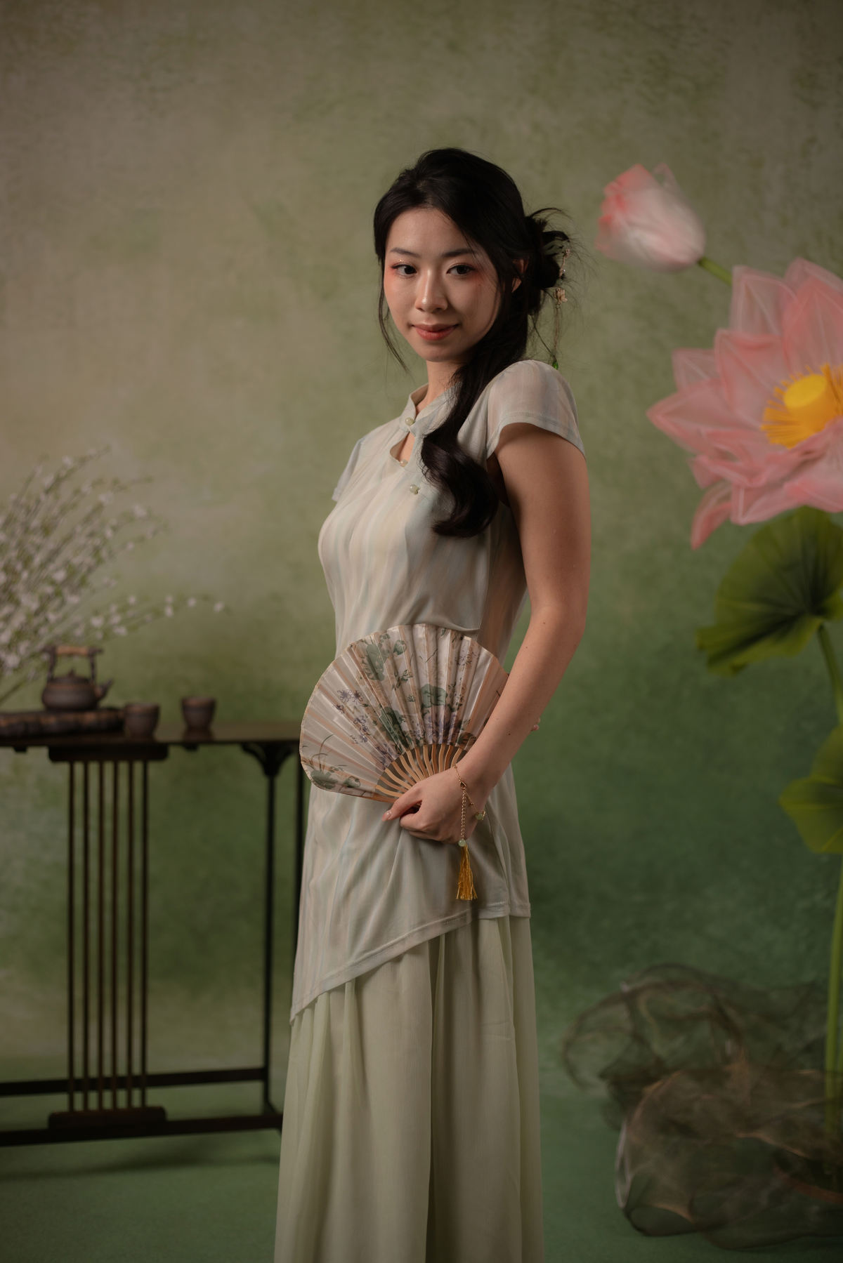 Jade Mist Layered Cheongsam Dress in Sage