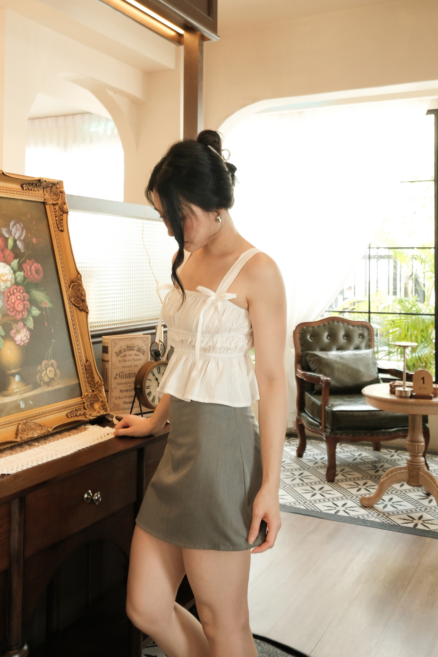 Amélie Ruched Bow Strap Top in White