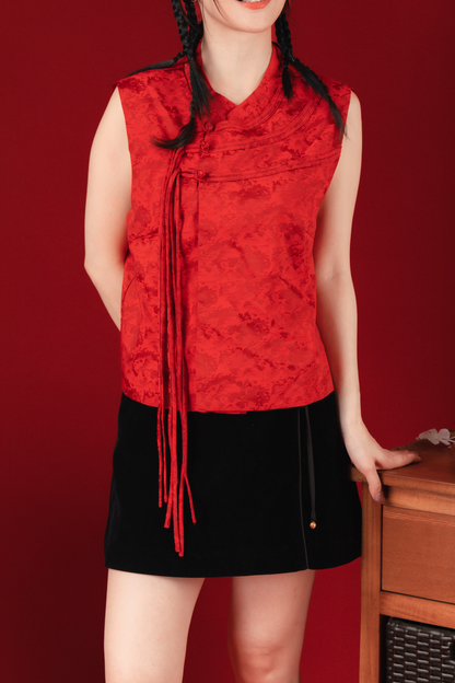 Aria Rouge Knot-Detail Brocade Vest in Red