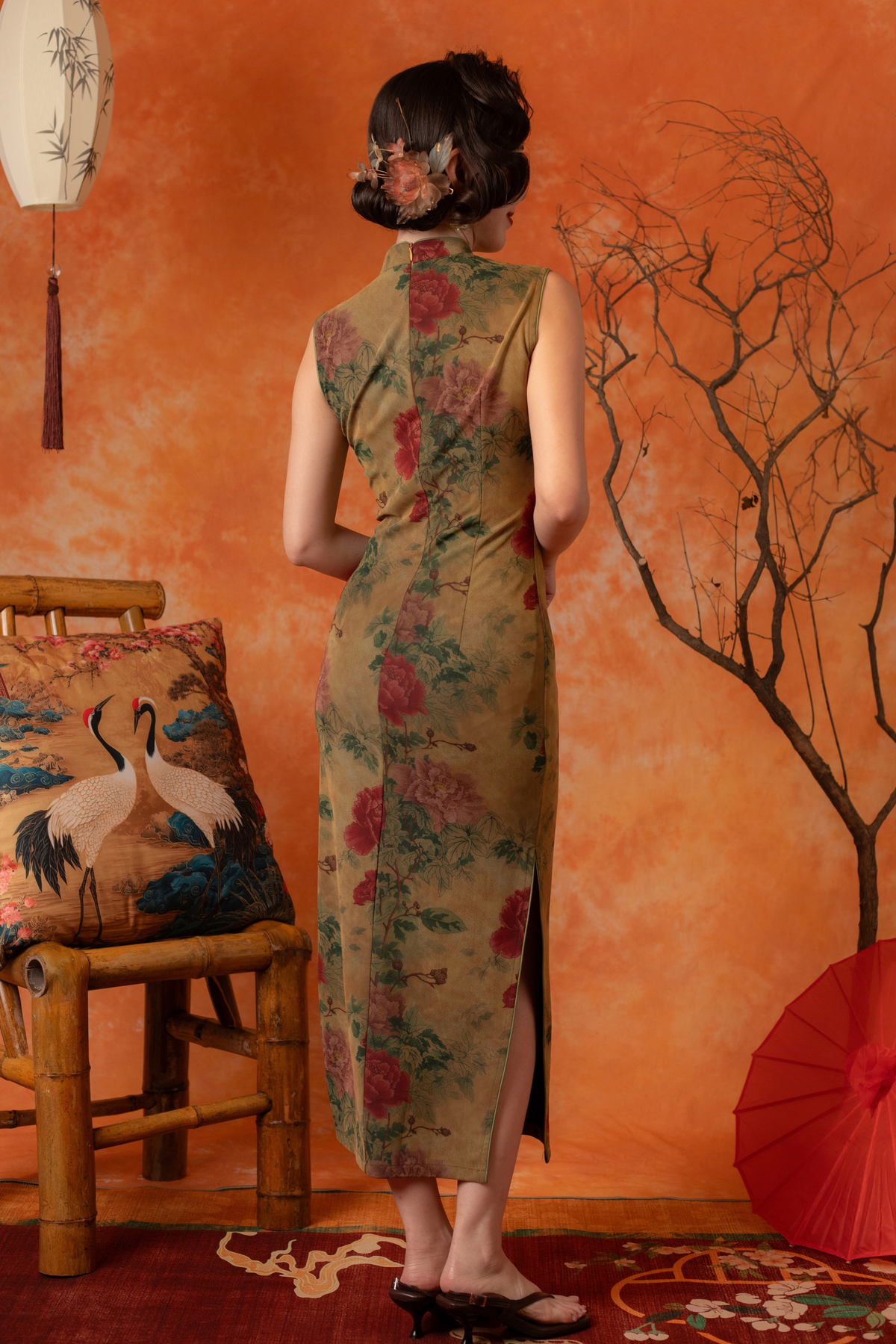 Peony Grove Cheongsam Dress in Olive