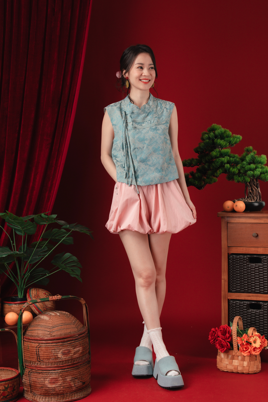 Aria Rouge Knot-Detail Brocade Vest in Blue