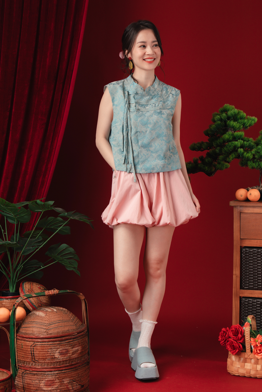 Aria Rouge Knot-Detail Brocade Vest in Blue