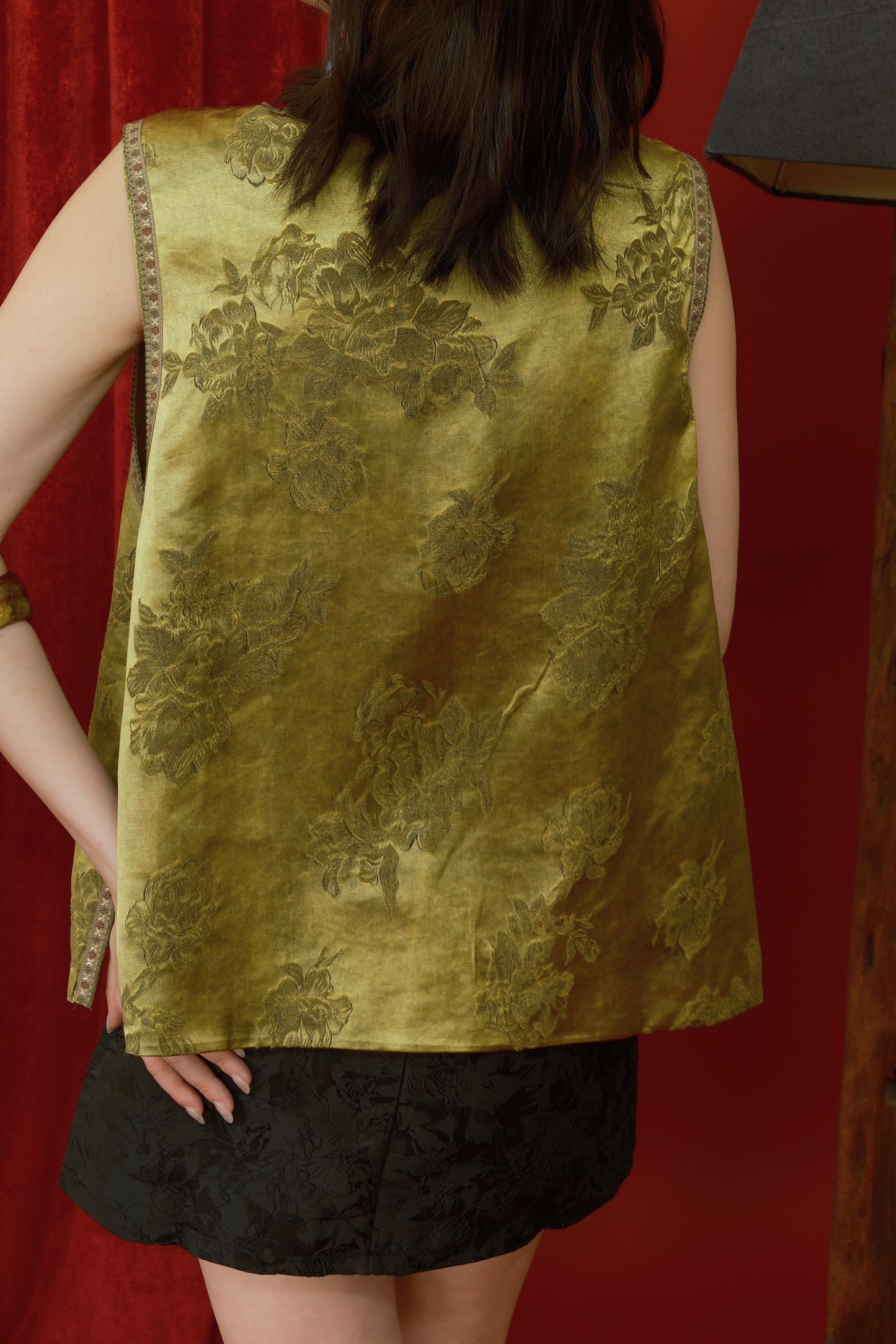 Jade Peony Silk Brocade Mandarin Vest in Green