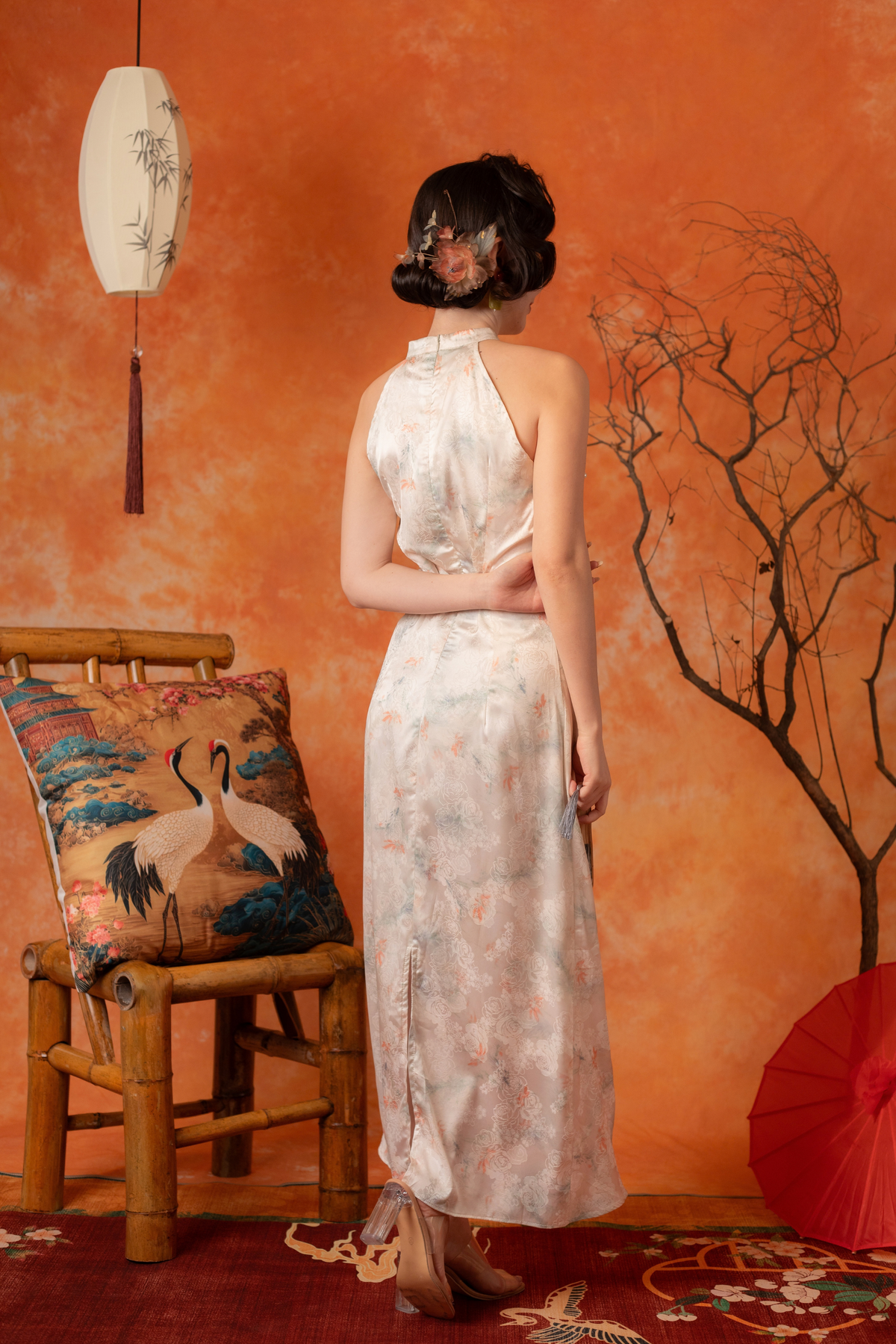 Oriana Crane Cheongsam Dress in Pearl White