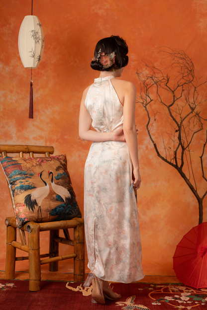 Oriana Crane Cheongsam Dress in Pearl White