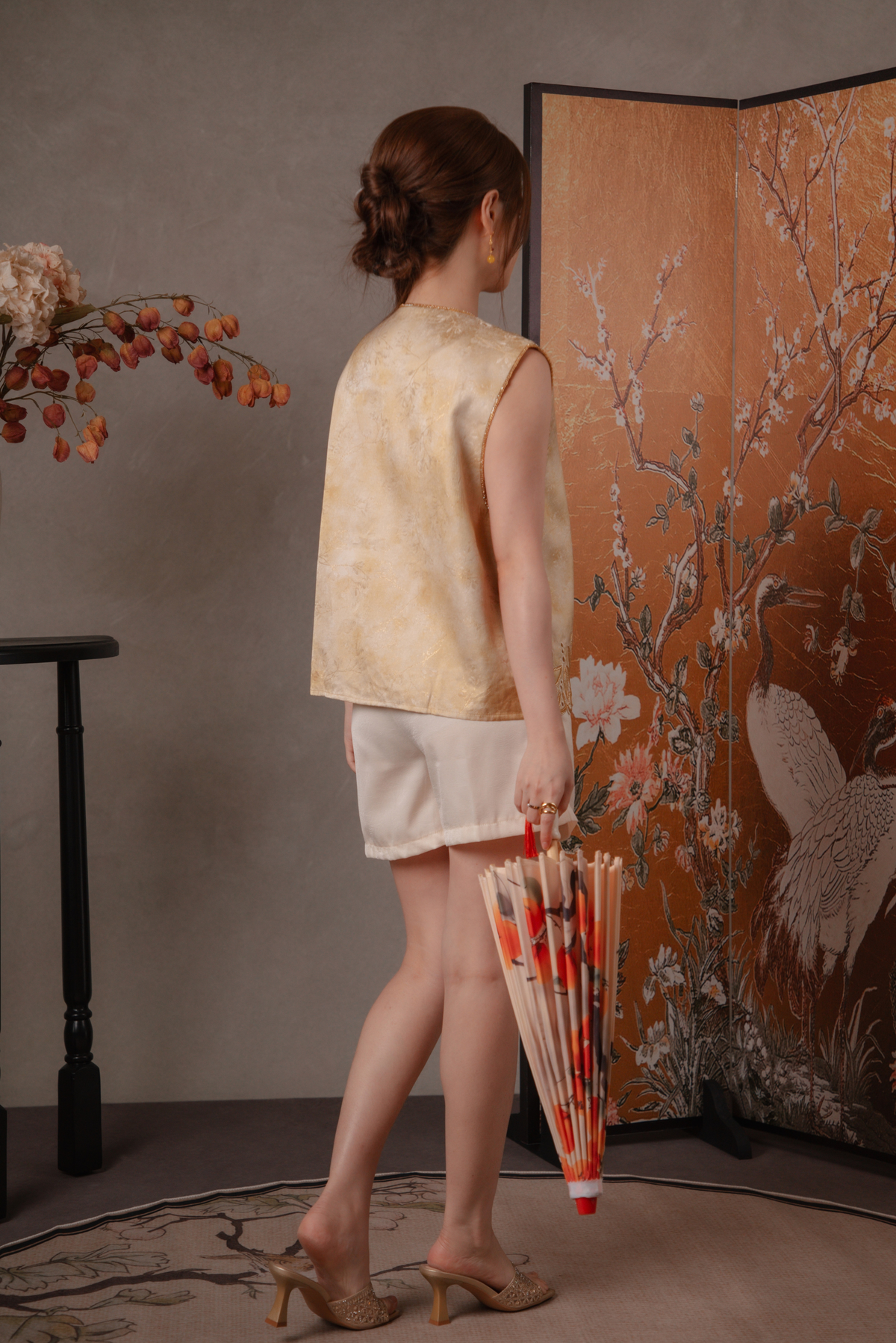 Sylvie Petal Sleeveless Cheongsam Top in Gold