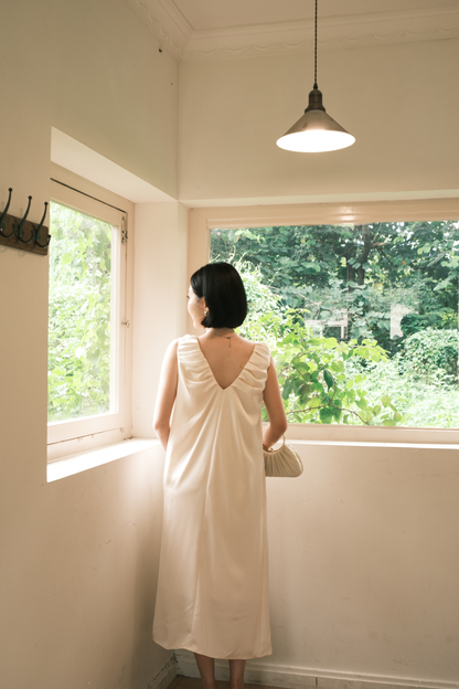 Lumière Ruched Satin Slip Dress in Beige