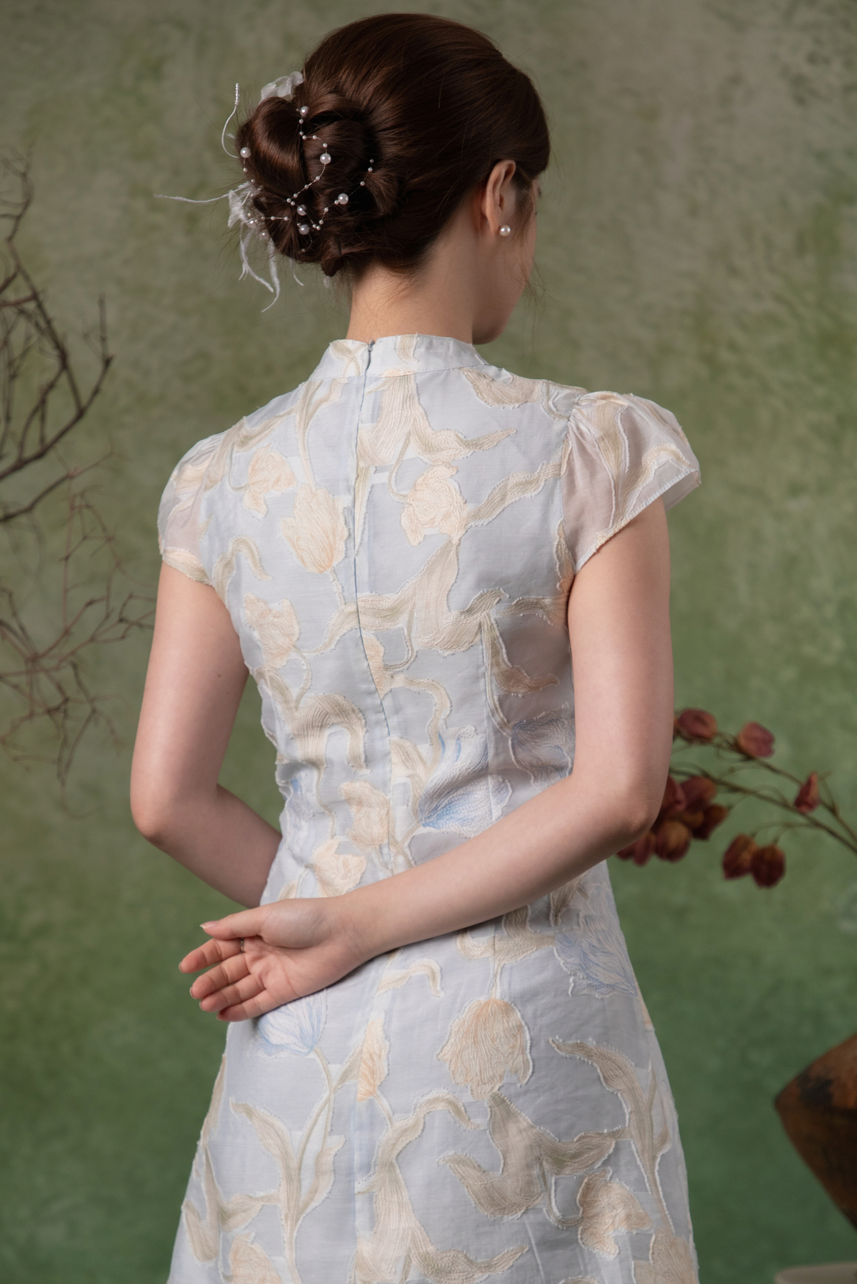 Oriental Garden Cheongsam Dress in Light Blue