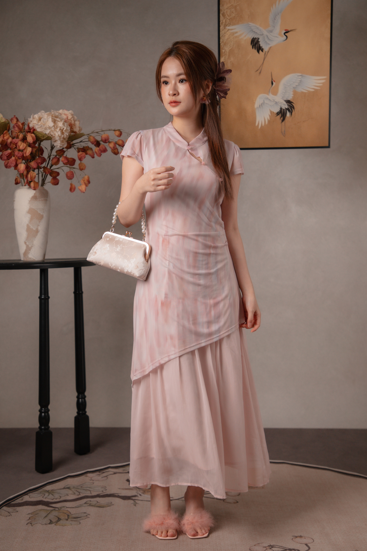 Jade Mist Layered Cheongsam Dress in Pink