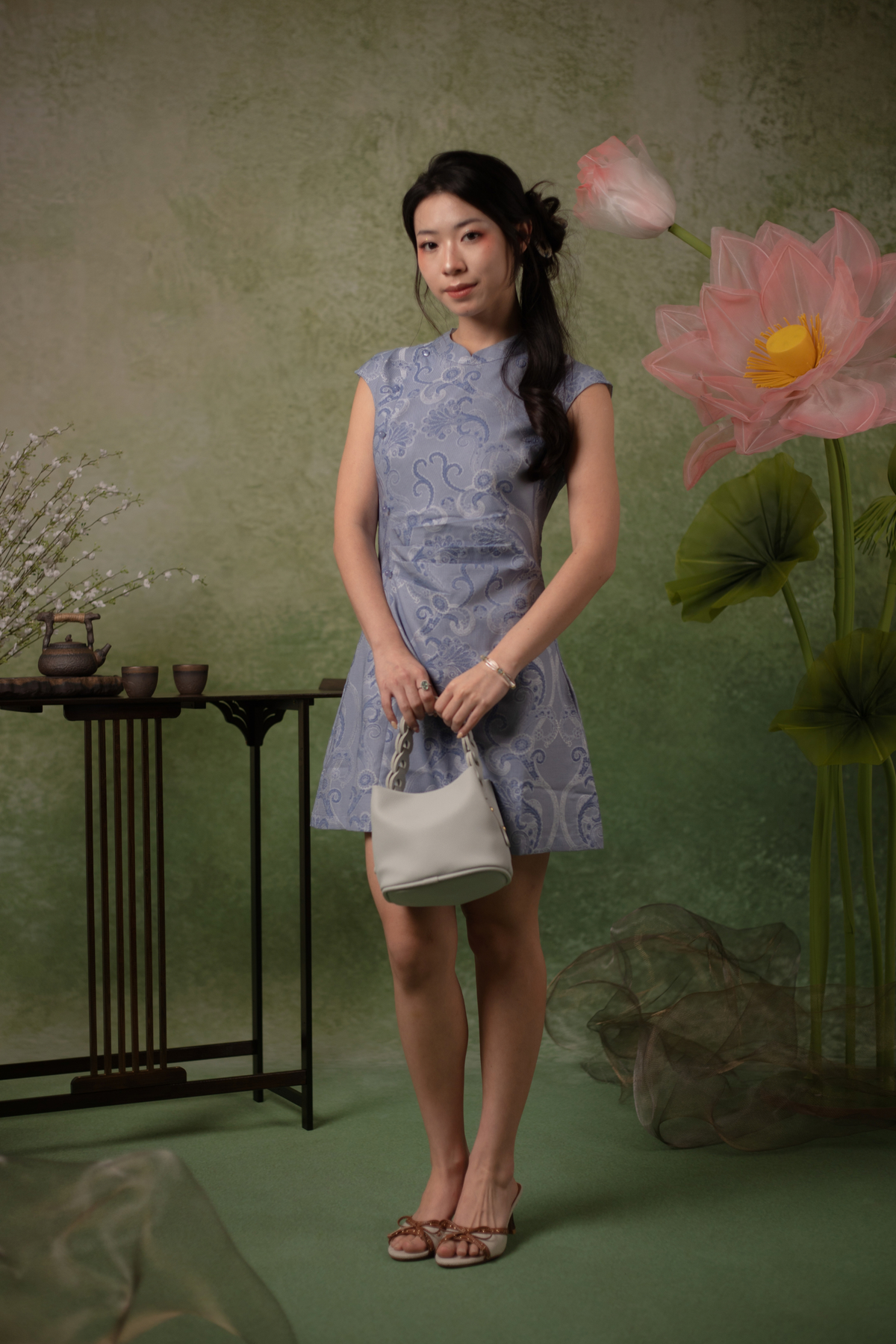 Céleste Chinoiserie Cheongsam Dress in Blue