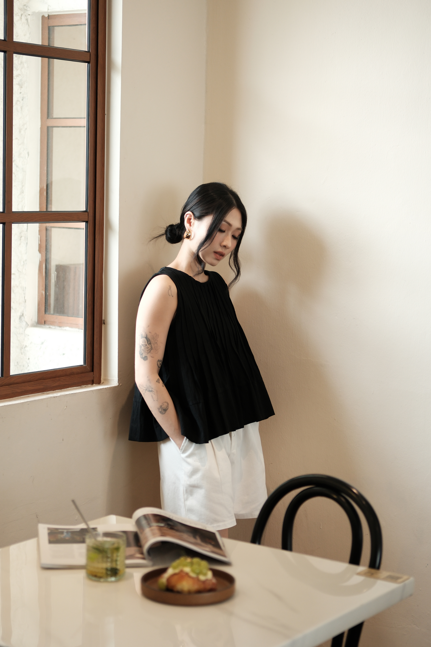 Margaux Pleated Swing Blouse in Black
