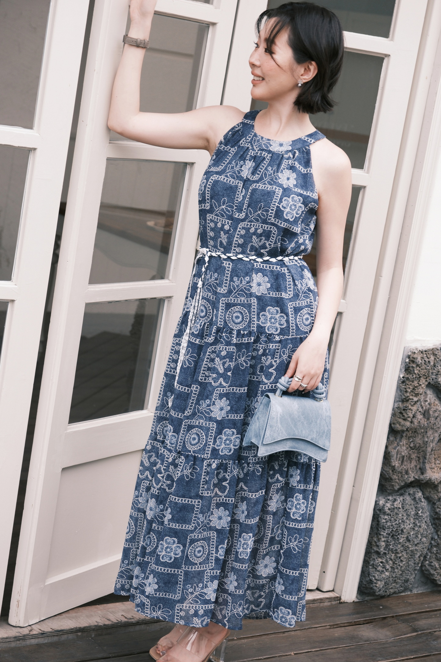 Santorini Embroidered Maxi Dress in Blue