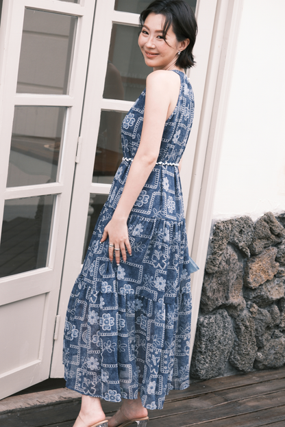 Santorini Embroidered Maxi Dress in Blue