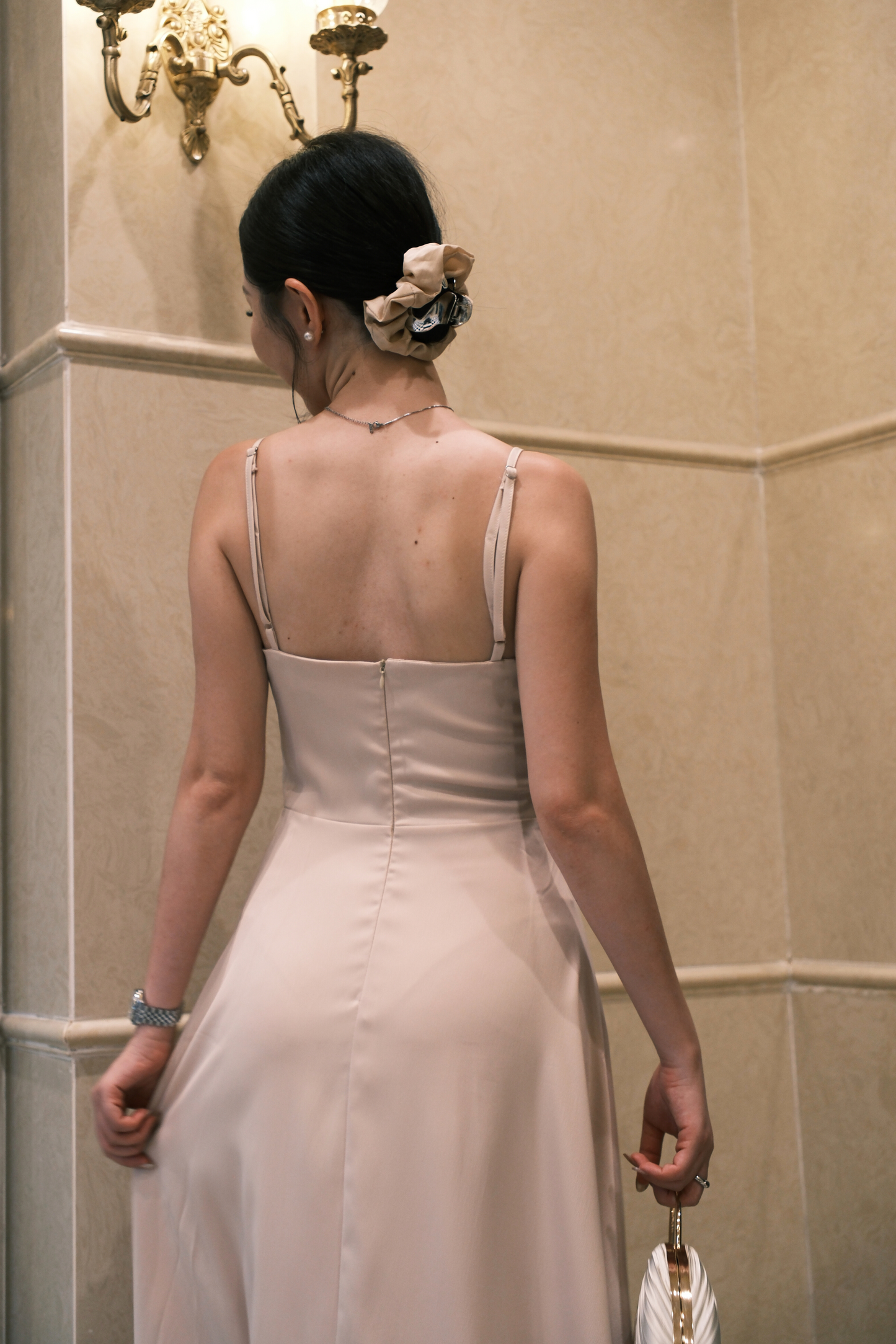 Clara Satin Grace Maxi Dress in Beige
