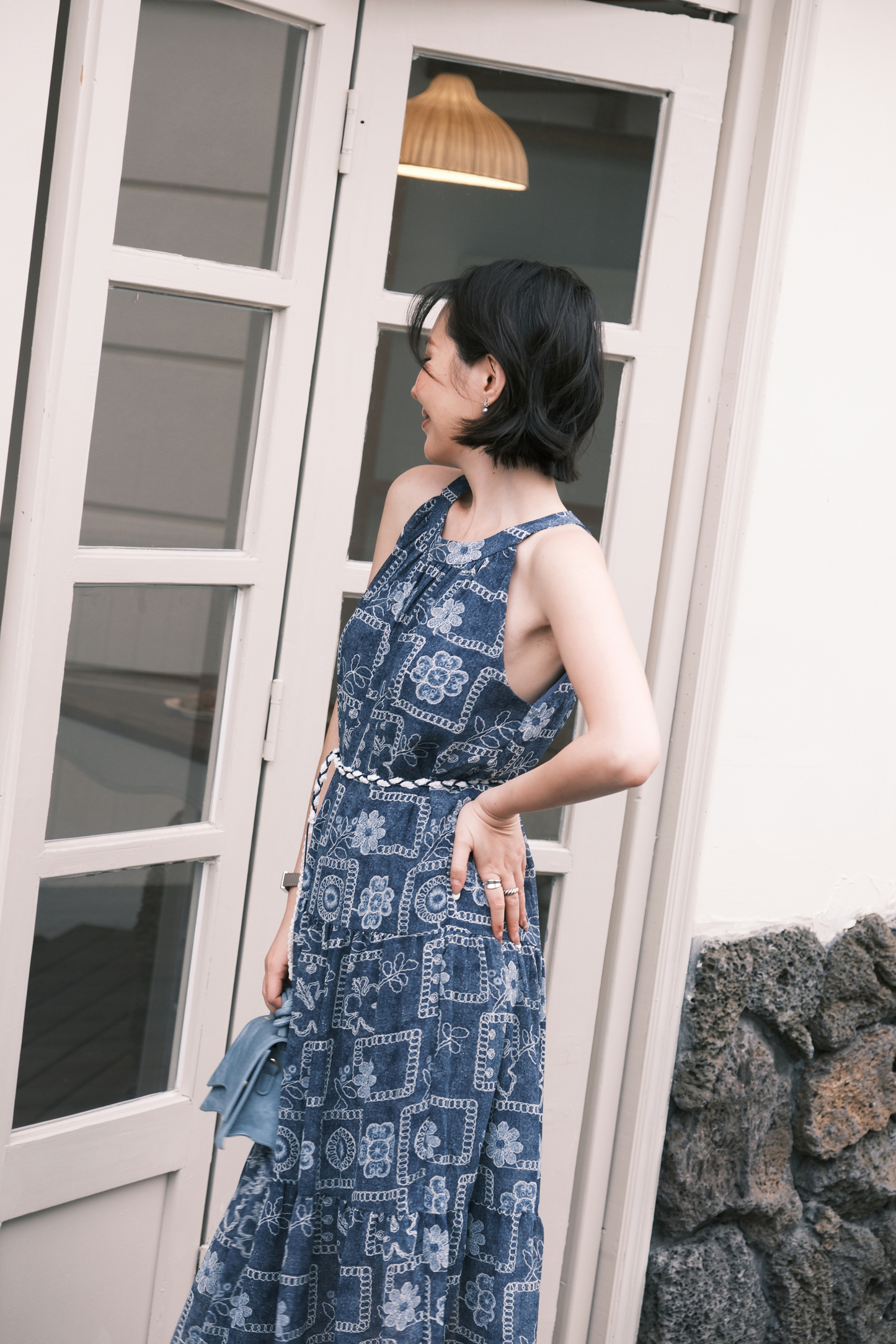 Santorini Embroidered Maxi Dress in Blue
