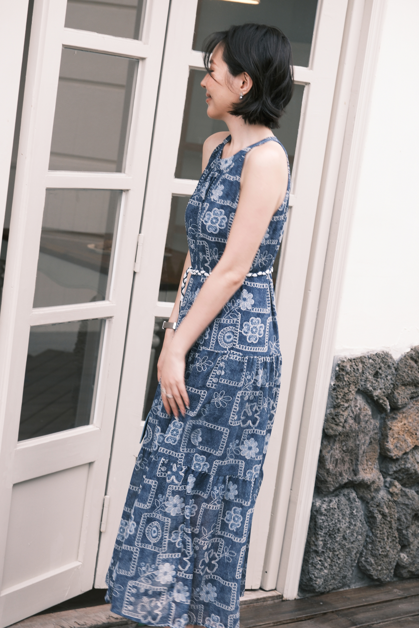 Santorini Embroidered Maxi Dress in Blue