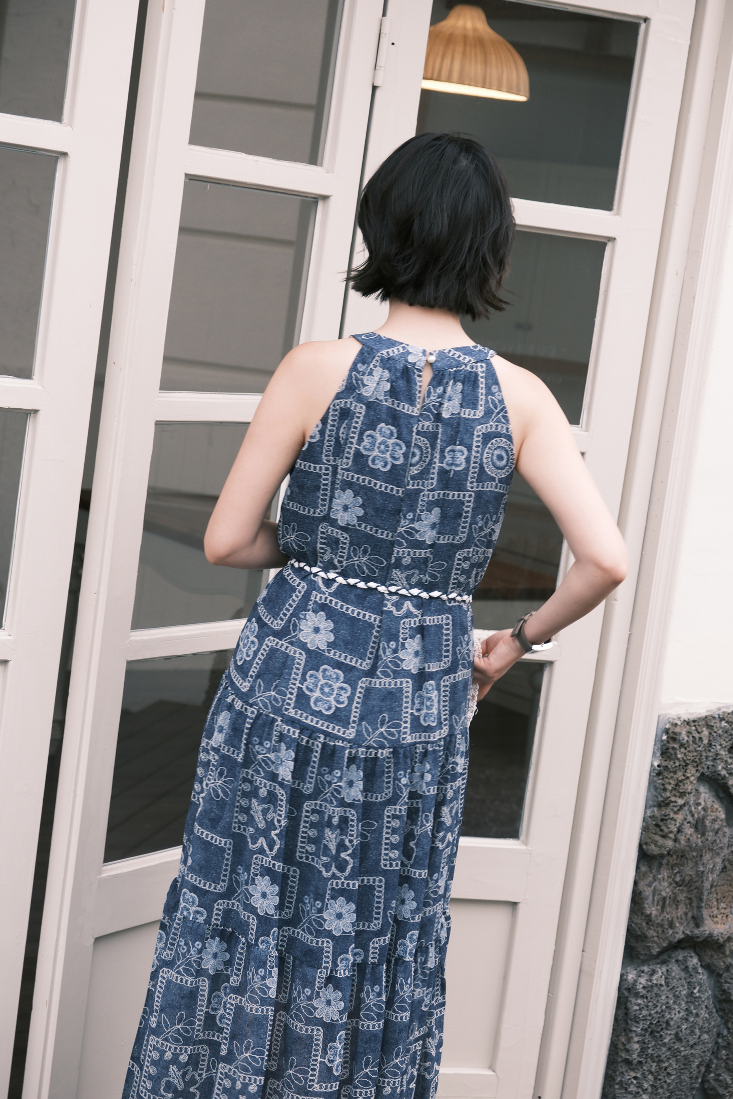 Santorini Embroidered Maxi Dress in Blue