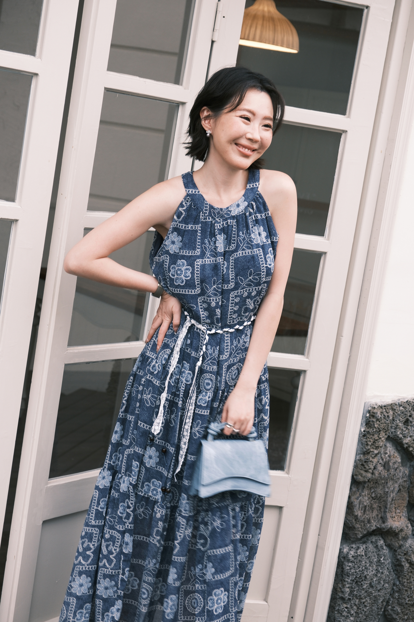 Santorini Embroidered Maxi Dress in Blue