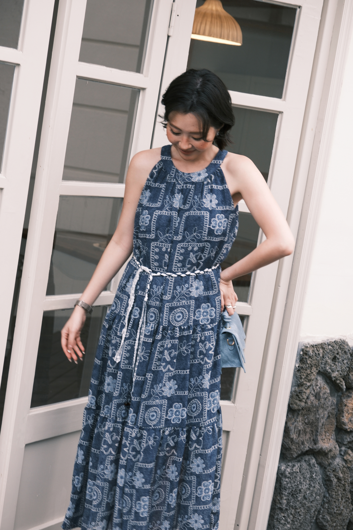 Santorini Embroidered Maxi Dress in Blue