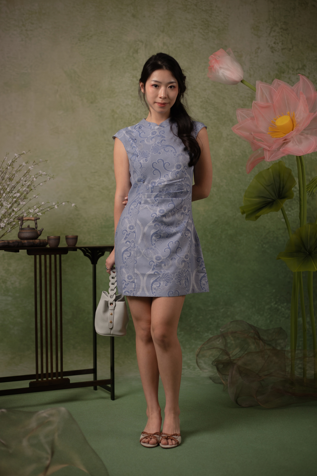 Céleste Chinoiserie Cheongsam Dress in Blue