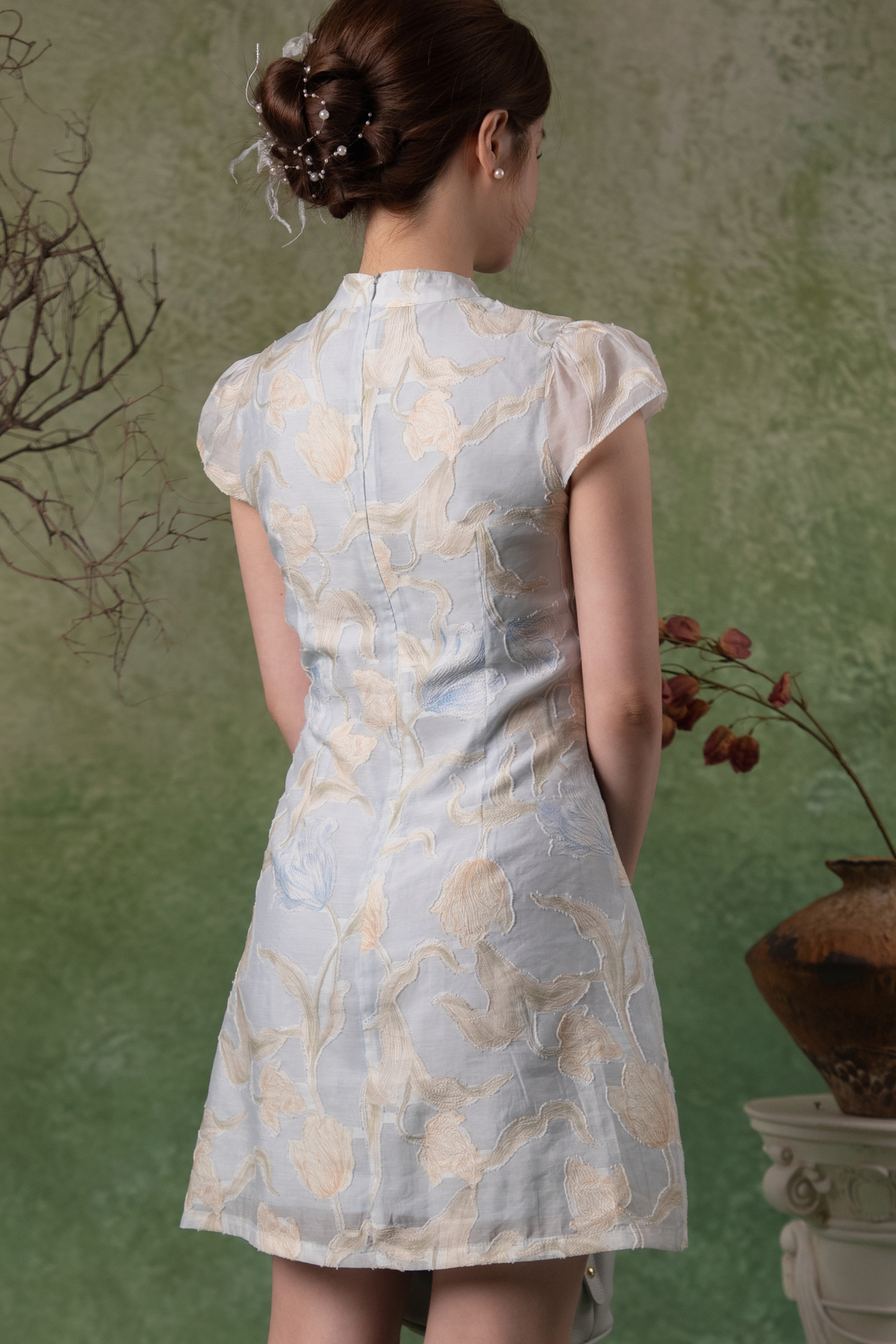 Oriental Garden Cheongsam Dress in Light Blue