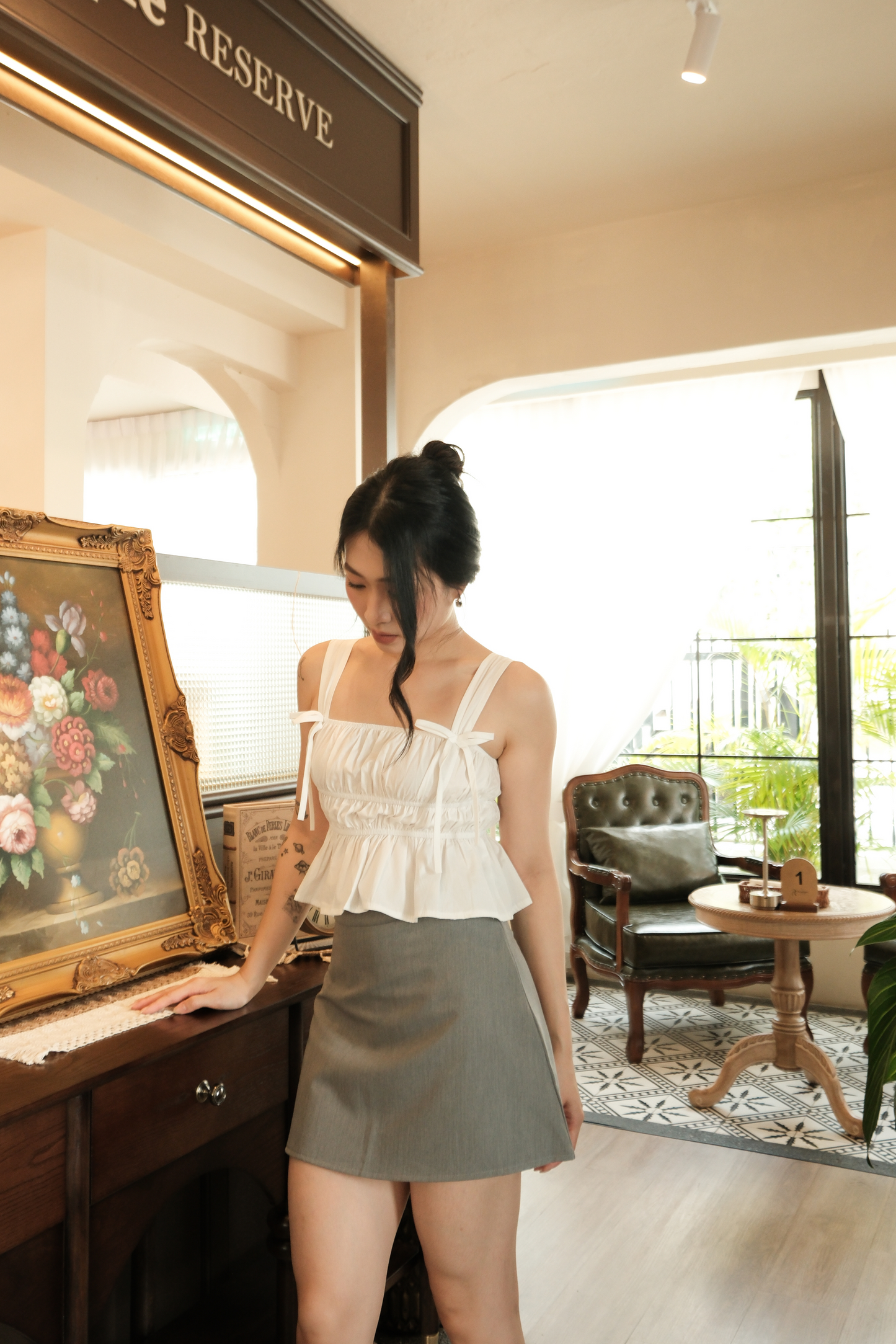 Amélie Ruched Bow Strap Top in White