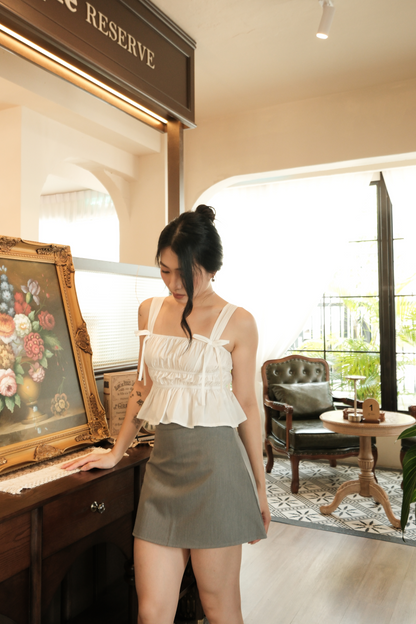 Amélie Ruched Bow Strap Top in White