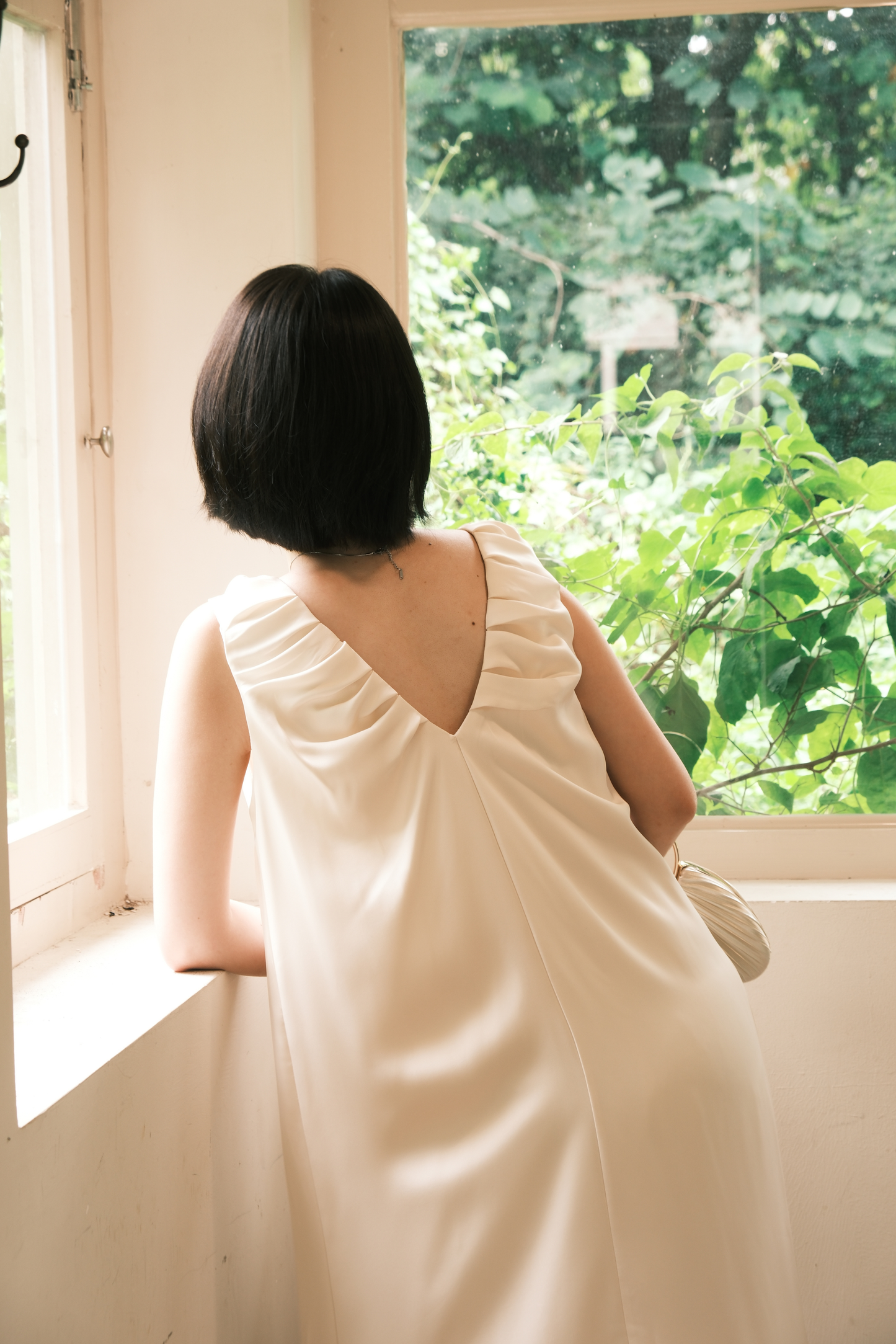 Lumière Ruched Satin Slip Dress in Beige