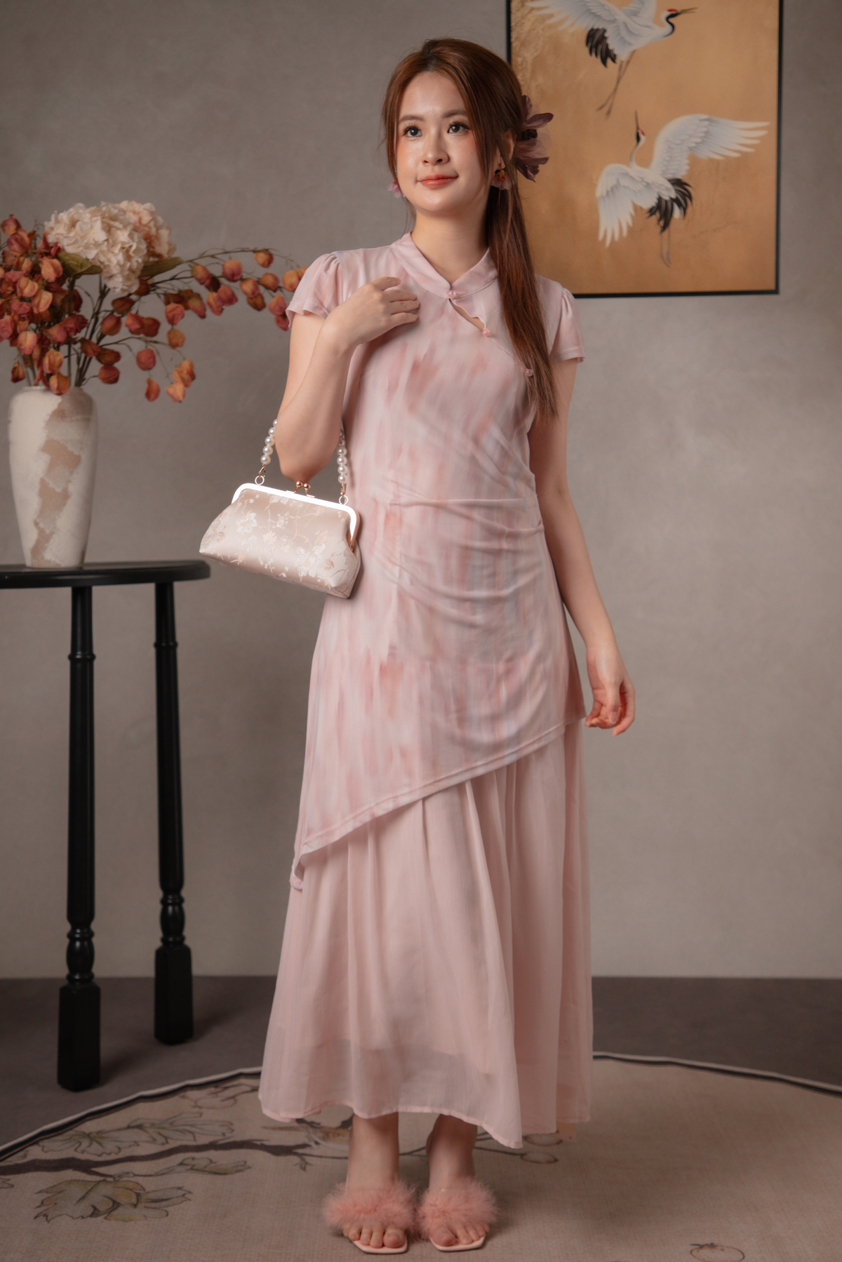 Jade Mist Layered Cheongsam Dress in Pink