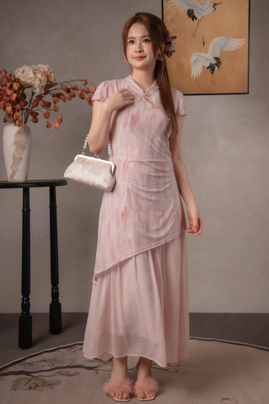 Jade Mist Layered Cheongsam Dress in Pink