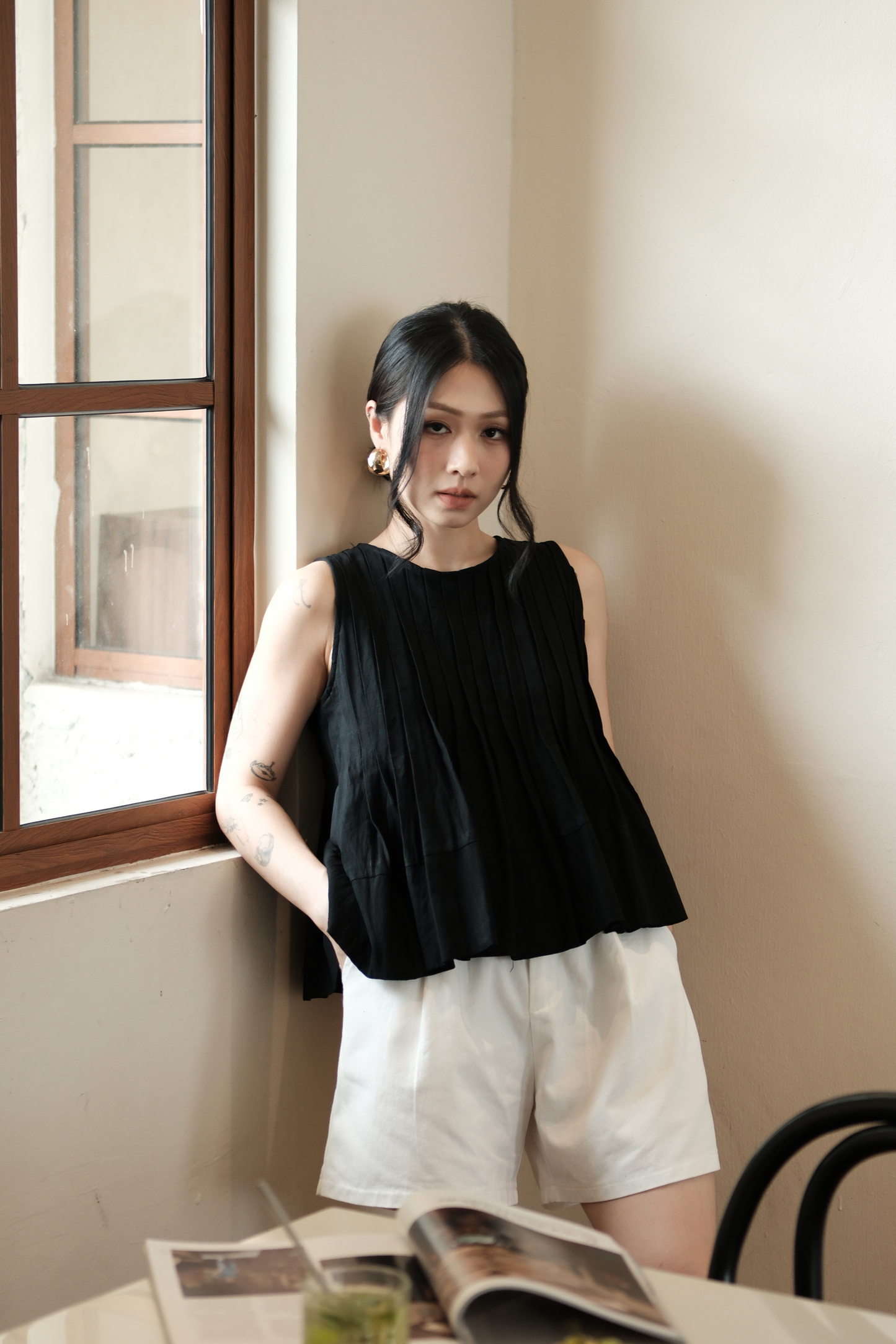 Margaux Pleated Swing Blouse in Black