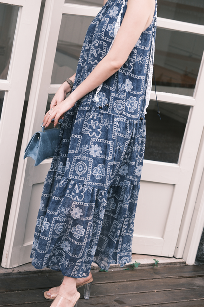 Santorini Embroidered Maxi Dress in Blue