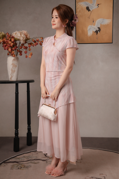 Jade Mist Layered Cheongsam Dress in Pink