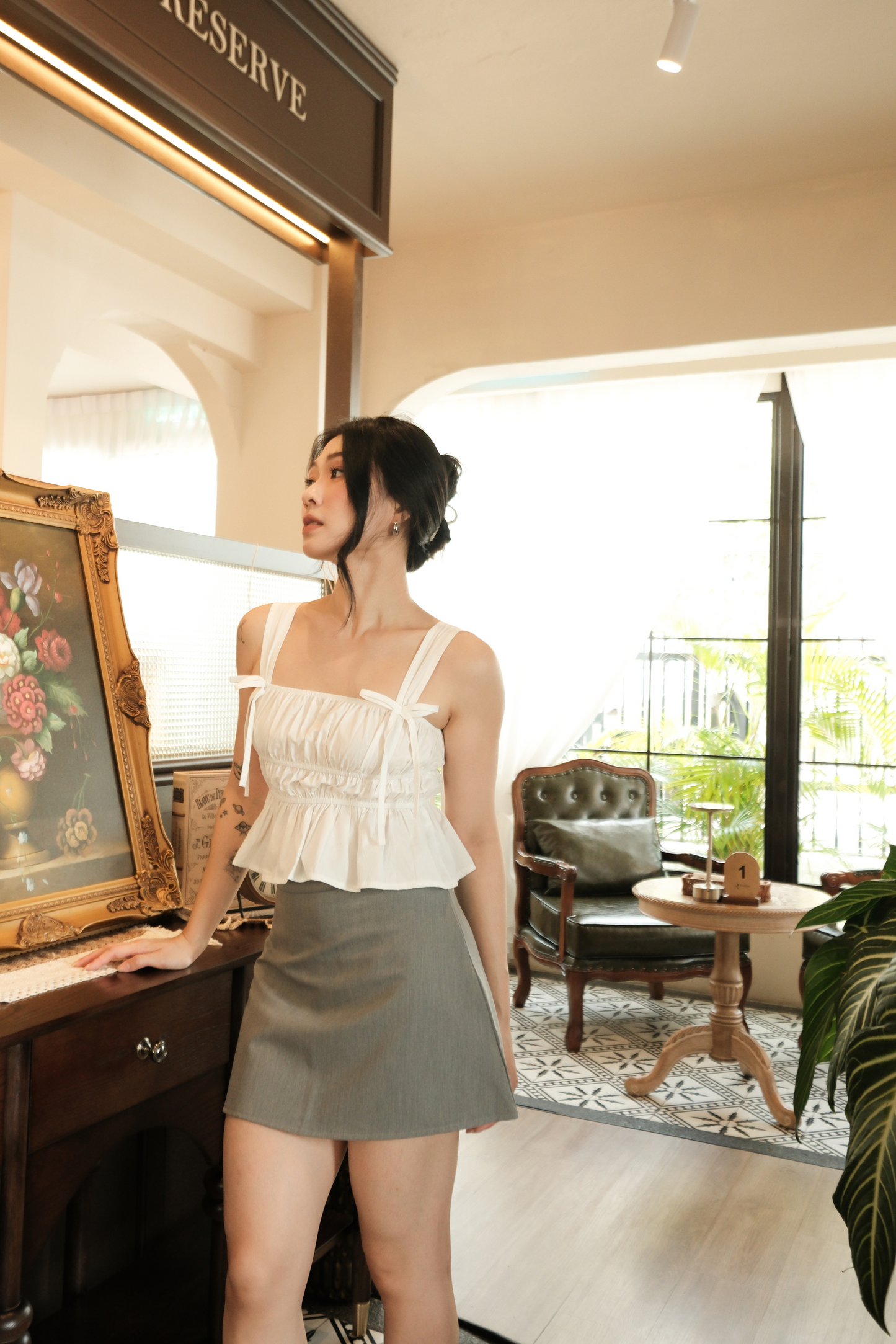 Amélie Ruched Bow Strap Top in White