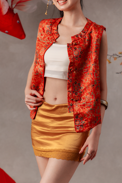 Maelle Lattice Cheongsam Vest in Red Gold